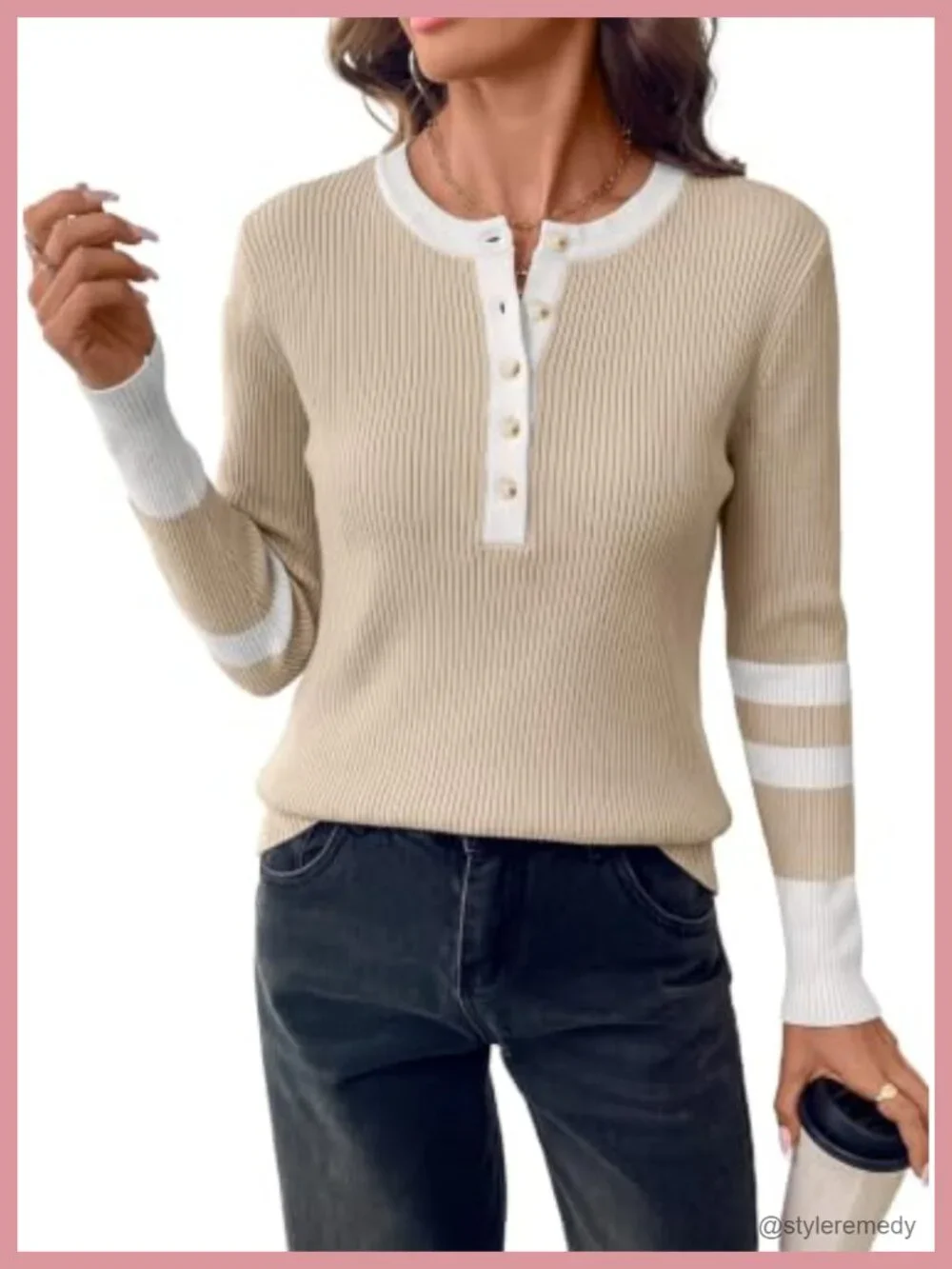 Women's V-Neck Knit Pullover Sweater Button Color-Block Slim Fit